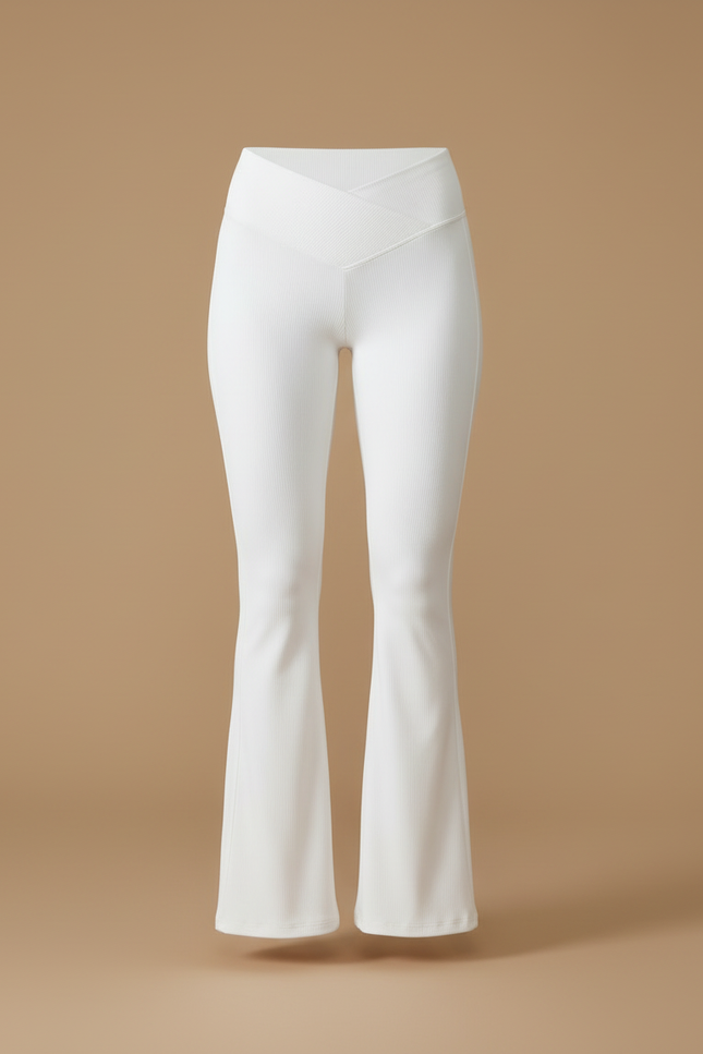 Pantalon Blanc Évasé Côtelé Taille Croisée Femme - Maille - vue 3