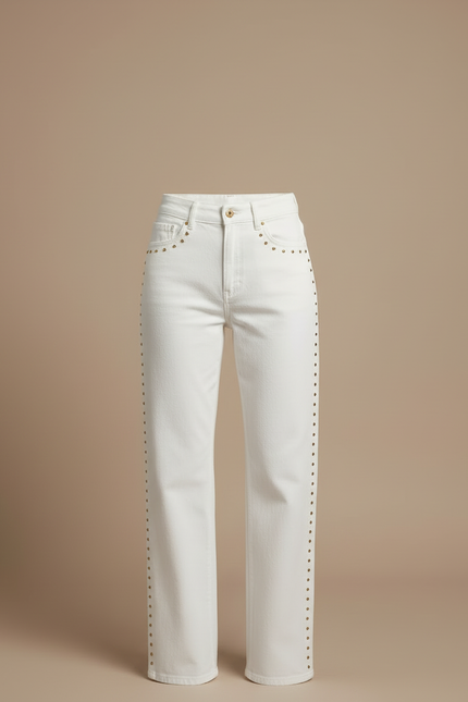 Pantalon Blanc Jeans Droit Clous Dorés Femme - vue 3