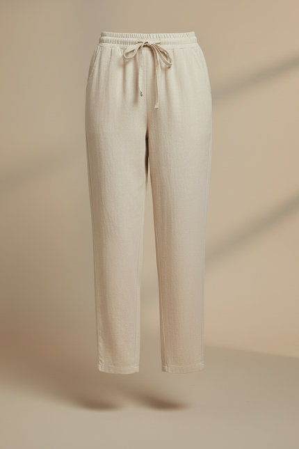 Pantalon Blanc Lin Ample Décontracté Cordon Femme - Beige - vue 3