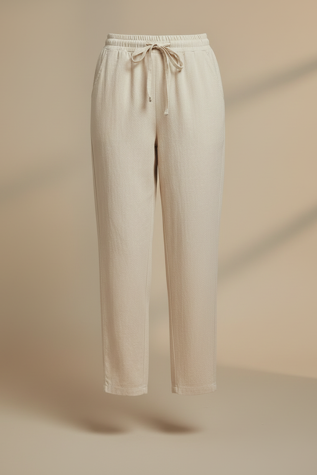 Pantalon Blanc Lin Ample Décontracté Cordon Femme - Beige - vue 3