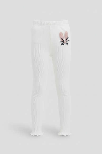 Pantalon Blanc Côtelé Brodé Confortable Enfant Fille - Maille - vue 3