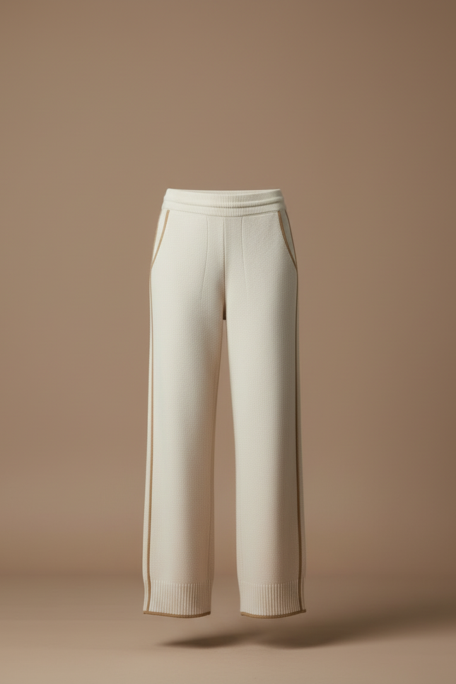 Pantalon Blanc Large Tricoté Confortable Élégant Femme - Beige Maille - vue 3