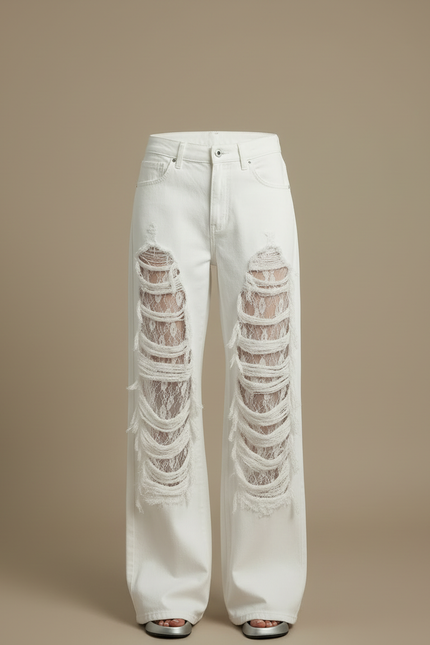 Pantalon Blanc Large Déchiré Dentelle Y2K Femme - Jean - vue 3