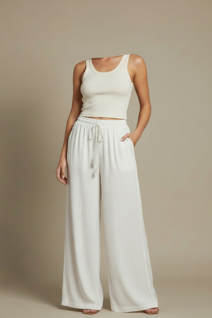 Pantalon Blanc Ample Fluide Décontracté Femme Cordon - Maille - vue 3