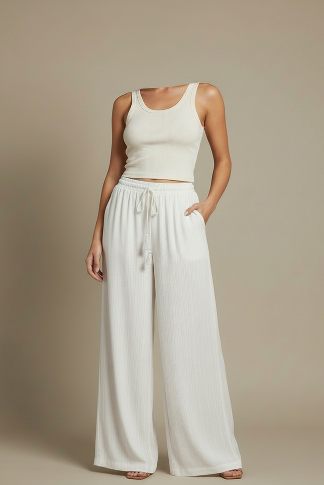 Pantalon Blanc Ample Fluide Décontracté Femme Cordon - Maille - vue 3