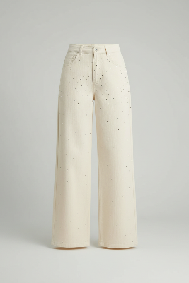 Pantalon Blanc Large Pailleté Taille Haute Élégant - Beige Coton - vue 3