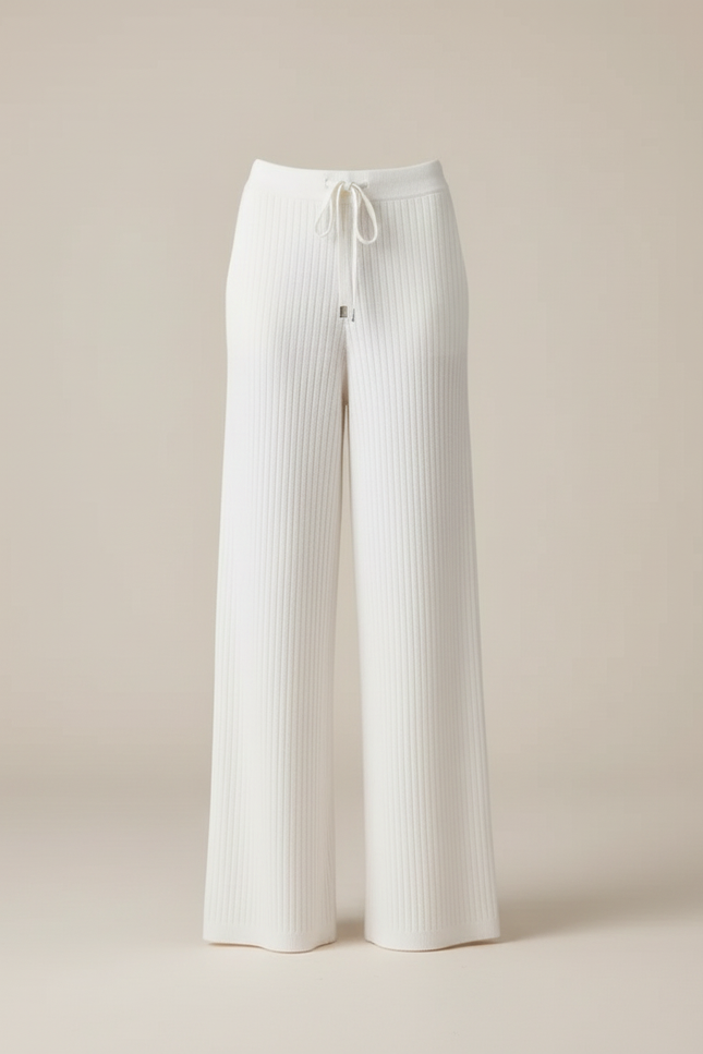 Pantalon Blanc Ample Tricot Côtelé Cordon Décontracté - Maille - vue 3