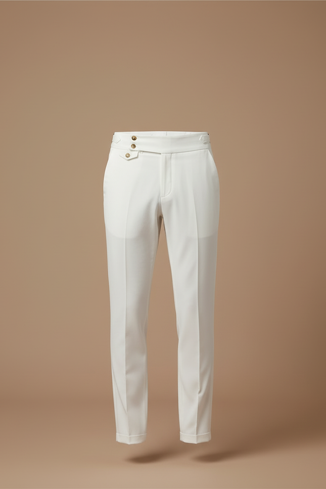 Pantalon Blanc Homme Slim Habillé Boutons Dorés Élégant - Gabardine - vue 3
