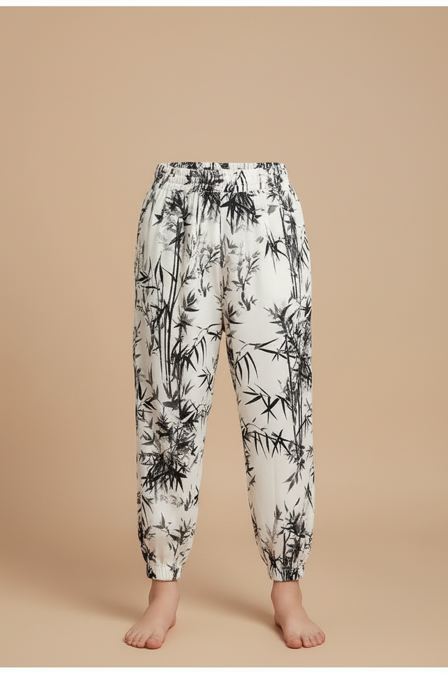 Pantalon Blanc Fluide Imprimé Bambou Décontracté Enfant - Viscose - vue 3