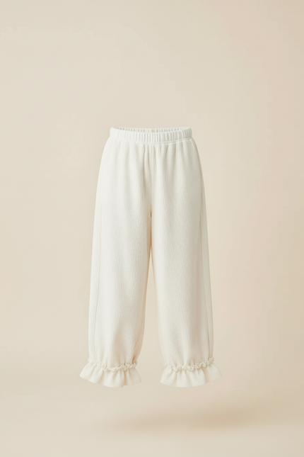 Pantalon Blanc Côtelé Ample Décontracté Volants Fille - Cordé - vue 3