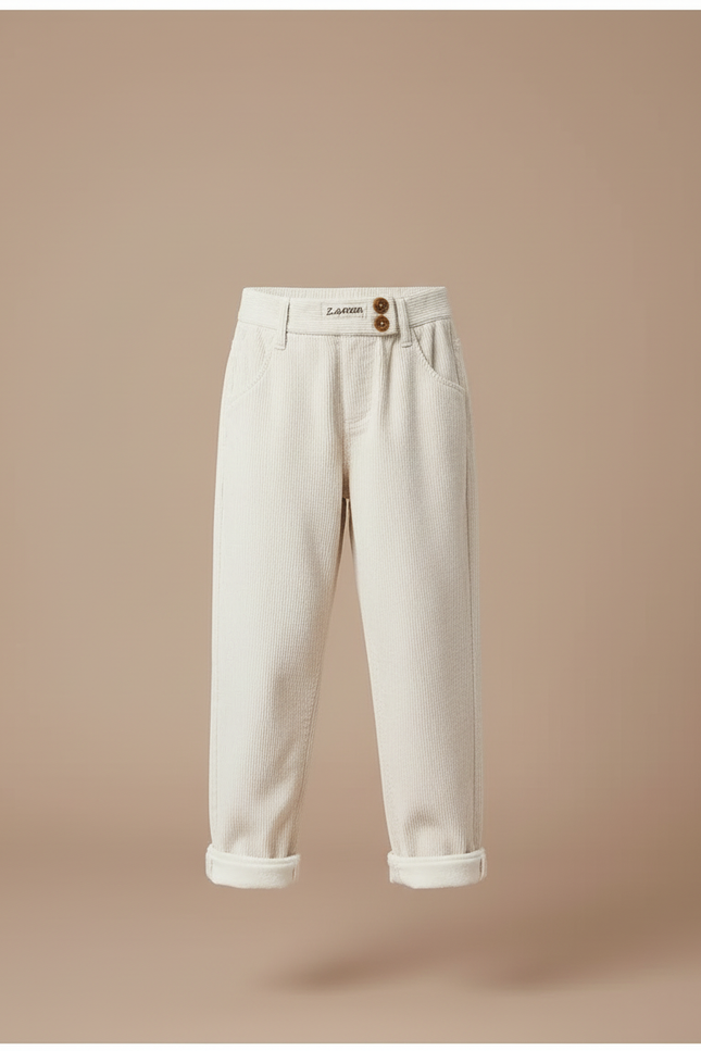 Pantalon Blanc Côtelé Enfant Ample Confortable Chaud - Beige Cordé - vue 3