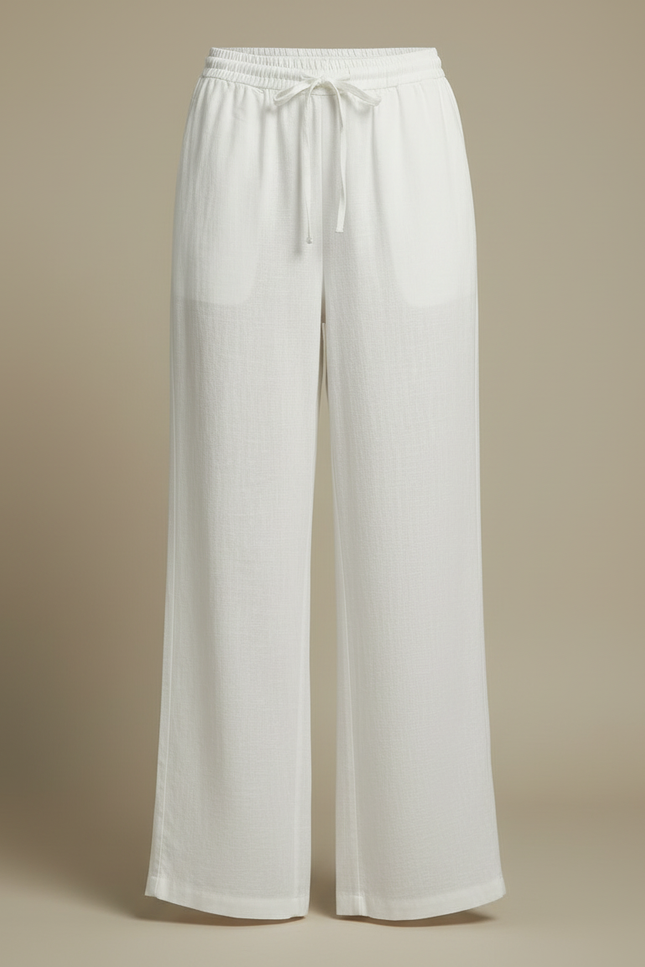 Pantalon Blanc Fluide Lin Ample Décontracté Cordon Femme - vue 3
