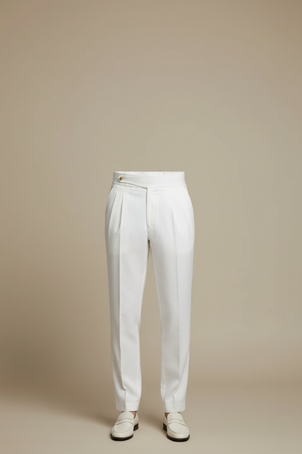 Pantalon Blanc Droit Plissé Taille Haute Élégant Homme - Gabardine - vue 3