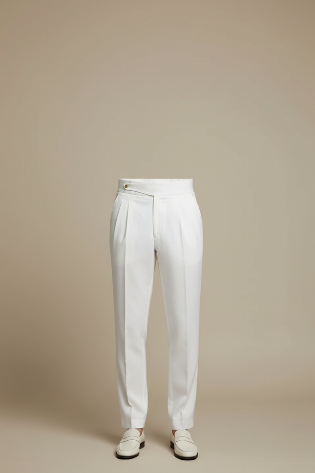 Pantalon Blanc Droit Plissé Taille Haute Élégant Homme - Gabardine - vue 3