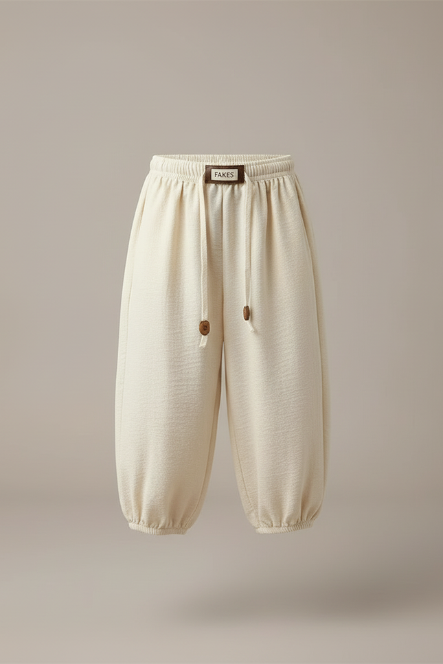 Pantalon Blanc Ample Décontracté Coton Fille Élastique - Beige Molleton - vue 3