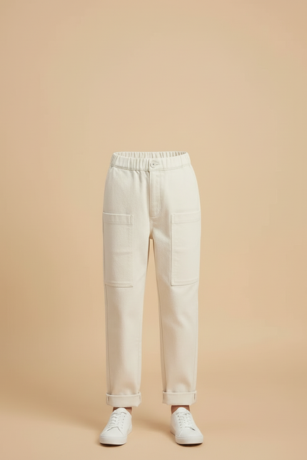 Pantalon Blanc Cargo Enfant Ample Poches Coton - Beige Toile - vue 3