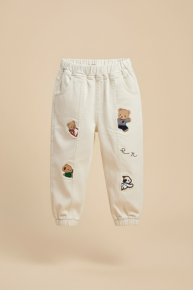 Pantalon Blanc Brodé Ours Décontracté Garçon Coton - Beige - vue 3