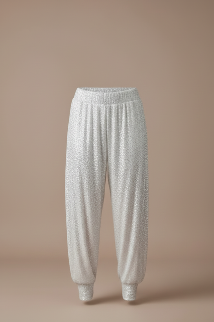 Pantalon Blanc Pailleté Harem Fluide Brillant Élégant - Argenté Polyester - vue 3