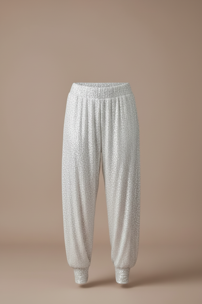 Pantalon Blanc Pailleté Harem Fluide Brillant Élégant - Argenté Polyester - vue 3