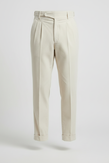Pantalon Blanc Côtelé Plissé Élégant Homme - Beige Cordé - vue 3