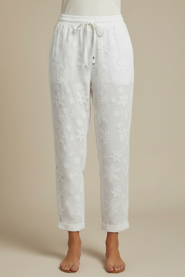 Pantalon Blanc Brodé Fleur Coton Décontracté Fluide - vue 3