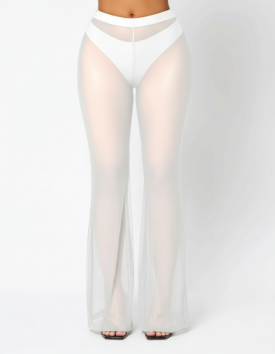 Pantalon Blanc Transparent Évasé Taille Haute Sexy - Polyester - vue 2