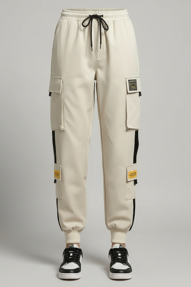 Pantalon Blanc Cargo Femme Taille Haute Décontracté - Beige Polyester - vue 3