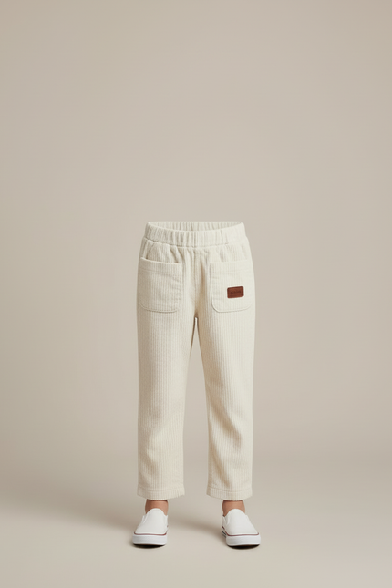 Pantalon Blanc Côtelé Ample Décontracté Enfant Poches - Beige Cordé - vue 3