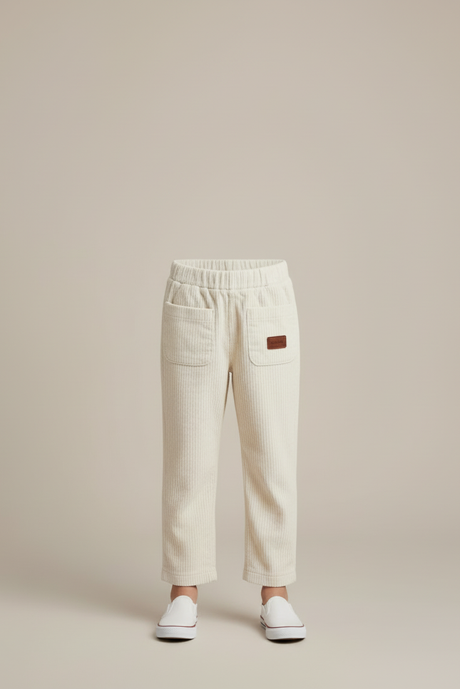 Pantalon Blanc Côtelé Ample Décontracté Enfant Poches - Beige Cordé - vue 3