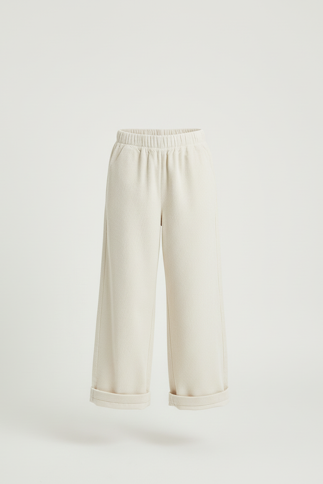 Pantalon Blanc Côtelé Ample Droit Enfant Décontracté - Beige Cordé - vue 3