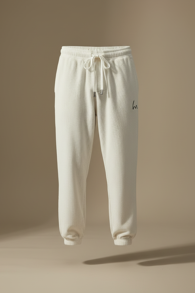 Pantalon Blanc Côtelé Ample Décontracté Homme Brodé - Cordé - vue 3