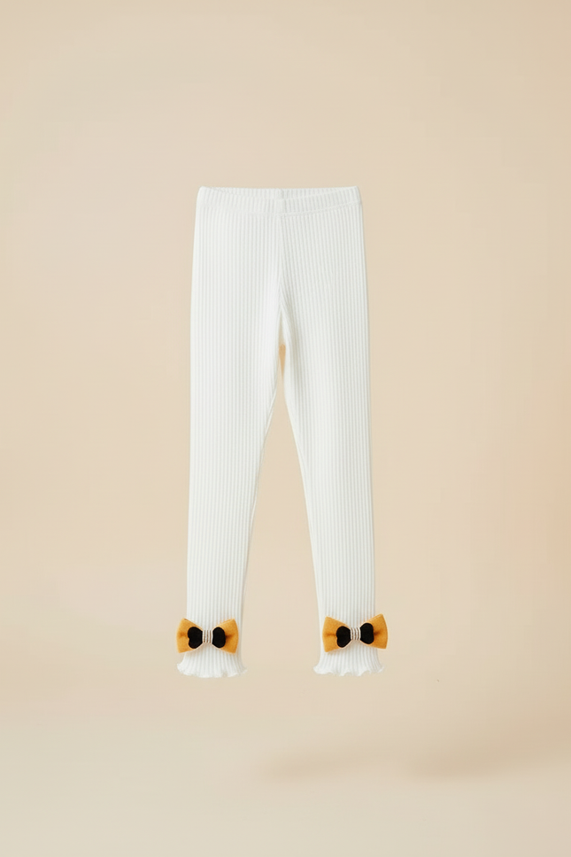 Pantalon Blanc Côtelé Tricoté Nœuds Volants Enfant - Maille - vue 3