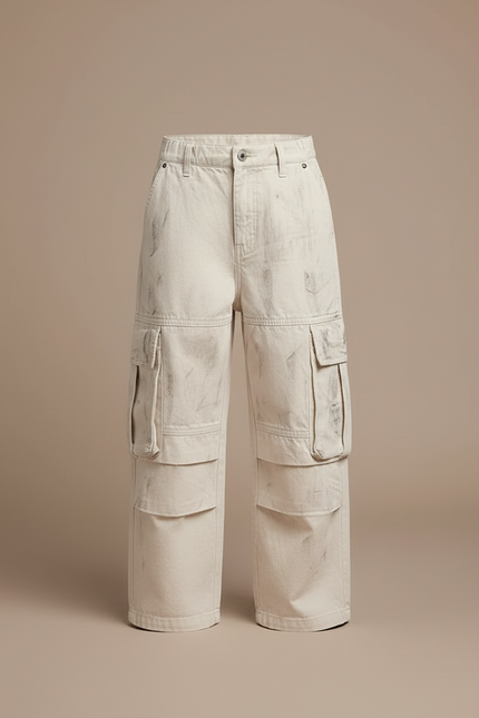 Pantalon Blanc Cargo Ample Garçon Décontracté Style Coréen - Beige Toile - vue 3