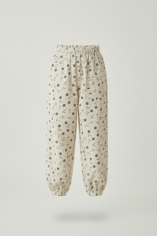 Pantalon Blanc Côtelé Imprimé Ample Fille - Beige Cordé - vue 3