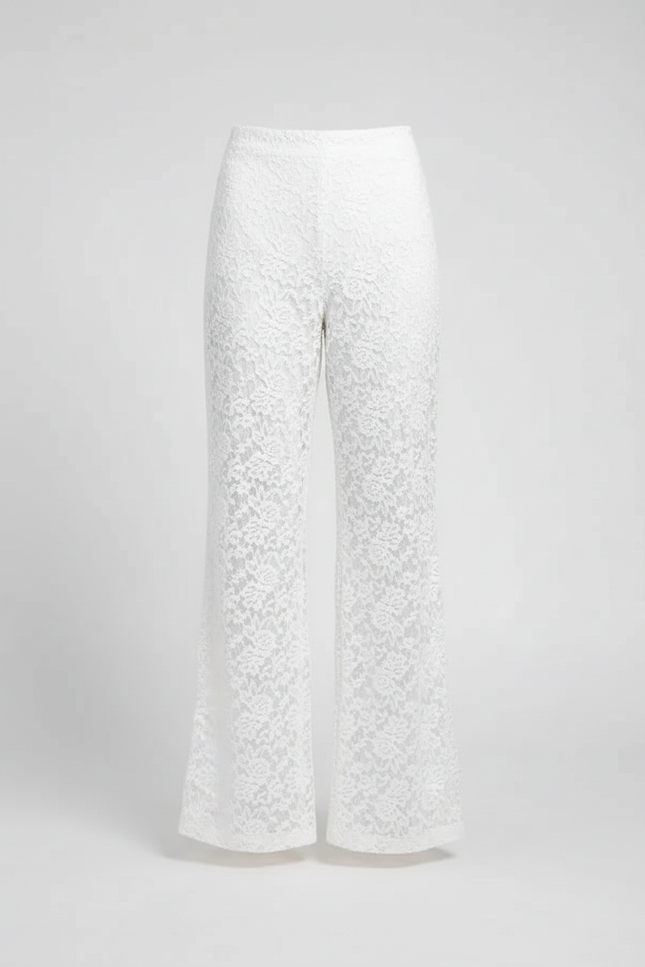 Pantalon Blanc Dentelle Évasé Taille Haute Élégant - Polyester - vue 2