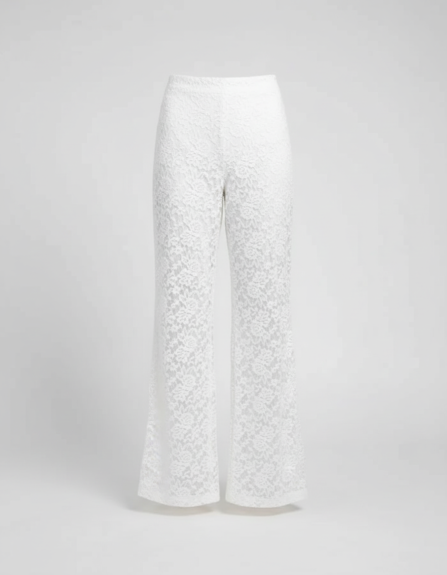 Pantalon Blanc Dentelle Évasé Taille Haute Élégant - Polyester - vue 2
