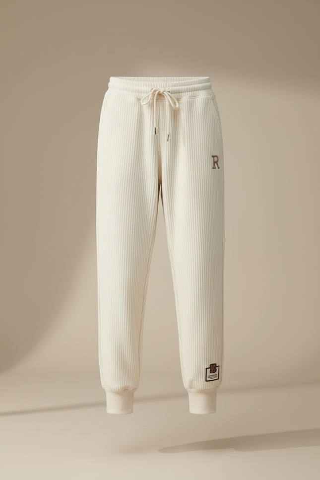 Pantalon Blanc Côtelé Décontracté Brodé Cheville Femme - Beige Cordé - vue 3