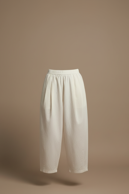 Pantalon Blanc Ample Plissé Décontracté Fluide Femme - Toile - vue 3