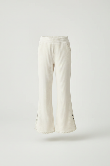 Pantalon Blanc Côtelé Ample Dentelle Boutons Fille - Beige Cordé - vue 3