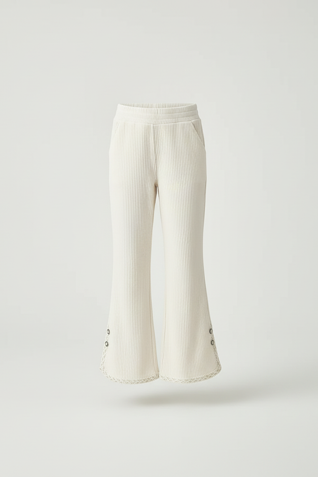 Pantalon Blanc Côtelé Ample Dentelle Boutons Fille - Beige Cordé - vue 3