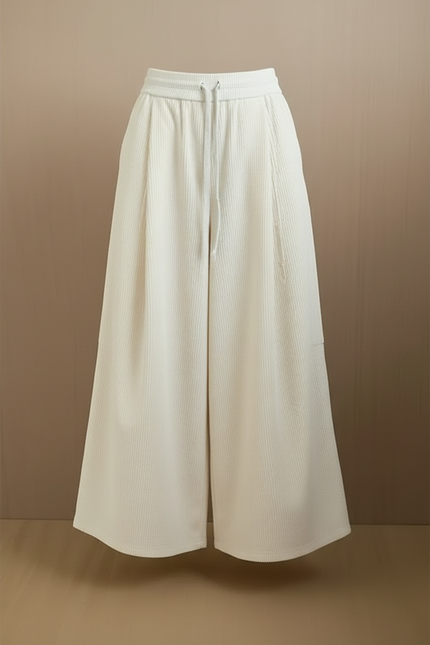 Pantalon Blanc Large Côtelé Fluide Taille Haute - Cordé - vue 3