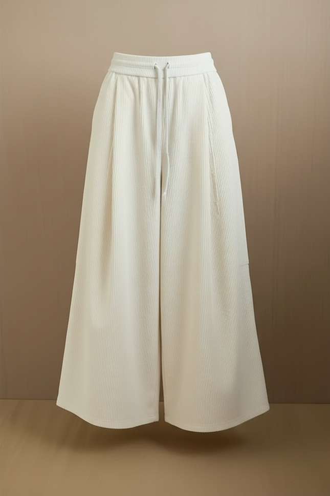 Pantalon Blanc Large Côtelé Fluide Taille Haute - Cordé - vue 3