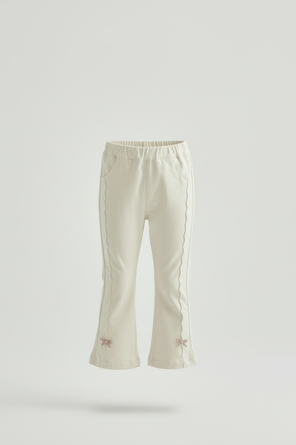 Pantalon Blanc Évasé Coton Nœuds Fille Confortable - Beige - vue 3