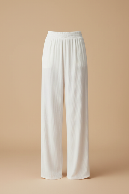 Pantalon Blanc Plissé Fluide Taille Haute Décontracté - Viscose - vue 3
