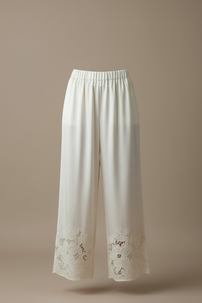 Pantalon Blanc Satin Brodé Ample Fluide Élégant - vue 3