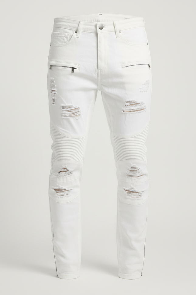 Pantalon Blanc Slim Déchiré Biker Coton Homme - Jean - vue 3