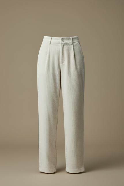 Pantalon Blanc Côtelé Droit Taille Haute Décontracté - Cordé - vue 3