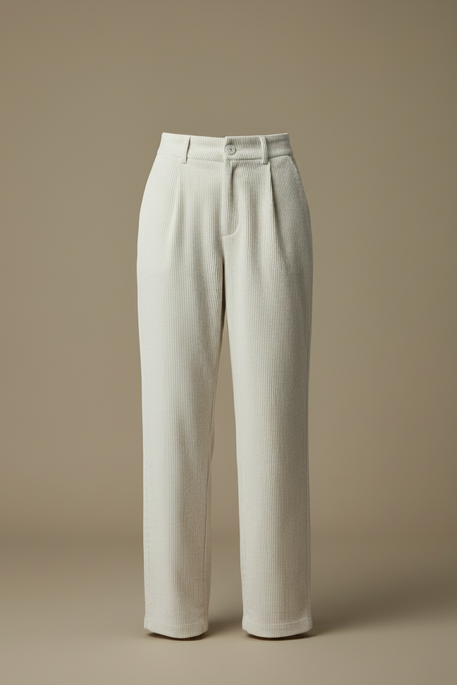 Pantalon Blanc Côtelé Droit Taille Haute Décontracté - Cordé - vue 3