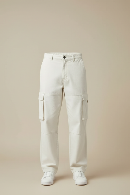 Pantalon Blanc Cargo Ample Coton Décontracté Homme - Toile - vue 3