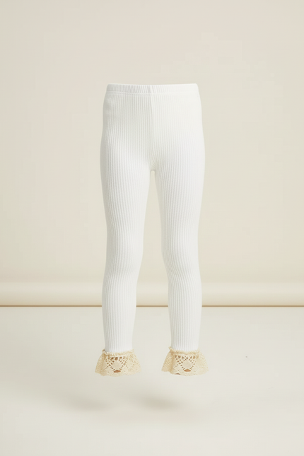Pantalon Blanc Côtelé Tricoté Dentelle Enfant Fille - Maille - vue 3